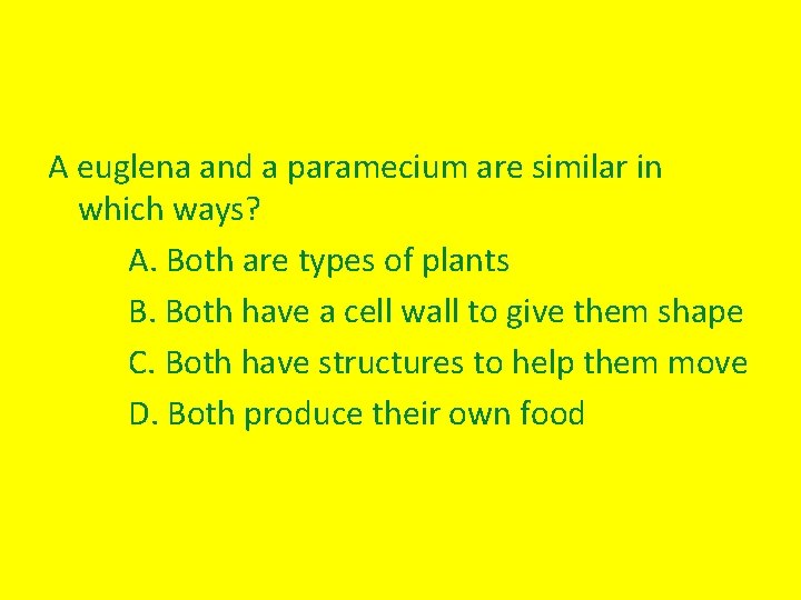 A euglena and a paramecium are similar in which ways? A. Both are types