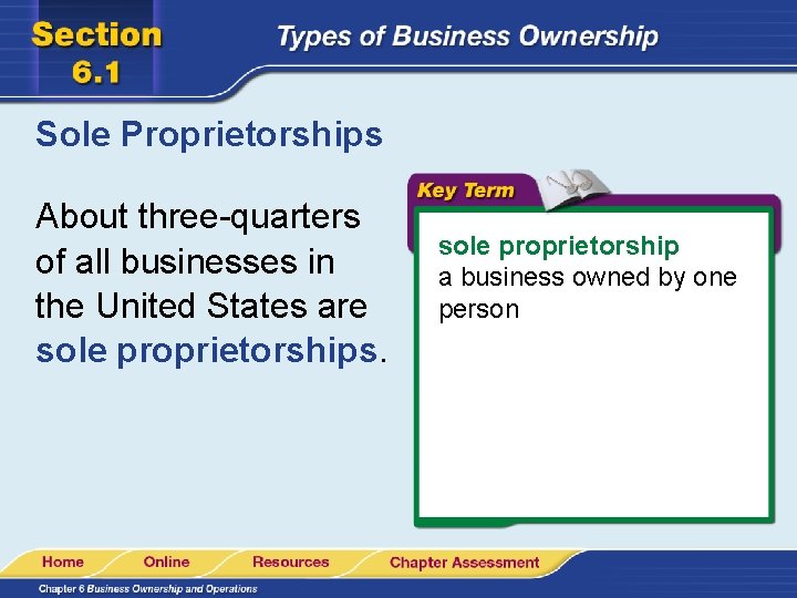 Sole Proprietorships About three-quarters of all businesses in the United States are sole proprietorships.