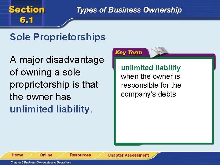 Sole Proprietorships A major disadvantage of owning a sole proprietorship is that the owner