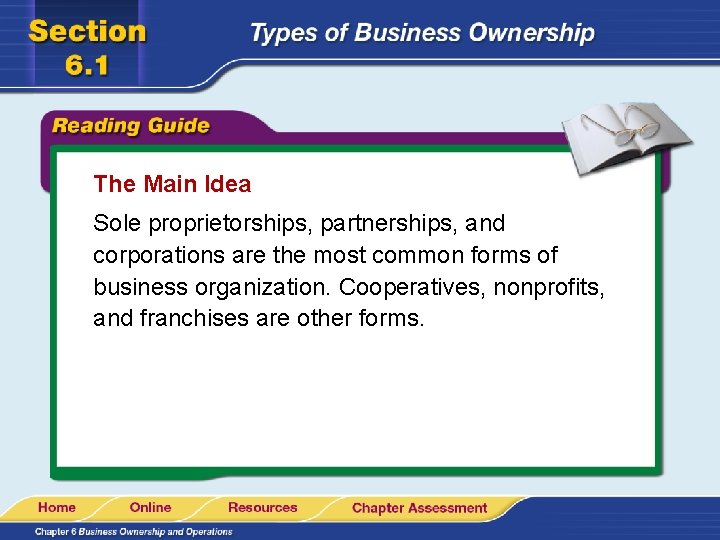 The Main Idea Sole proprietorships, partnerships, and corporations are the most common forms of