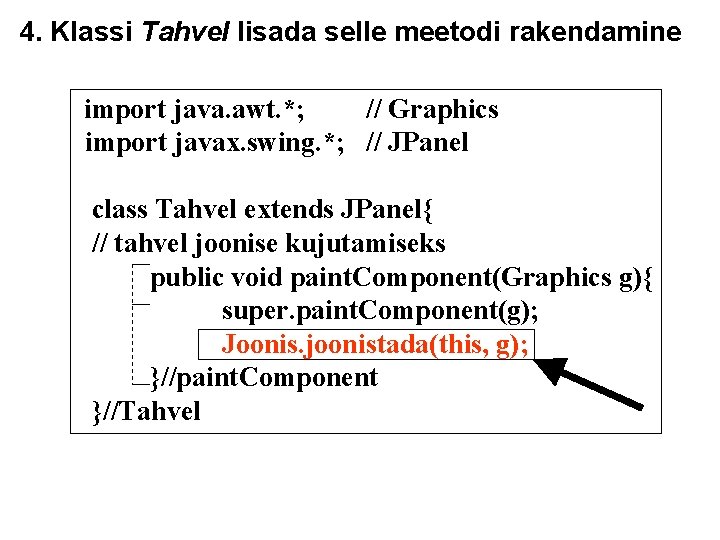 4. Klassi Tahvel lisada selle meetodi rakendamine import java. awt. *; // Graphics import