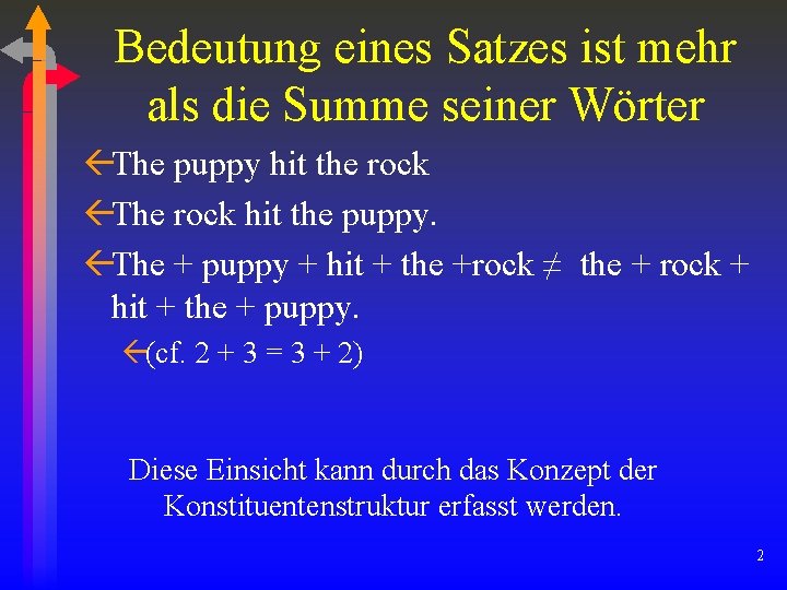 Bedeutung eines Satzes ist mehr als die Summe seiner Wörter ßThe puppy hit the