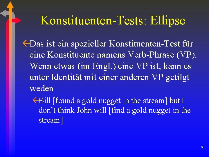 Konstituenten-Tests: Ellipse ßDas ist ein spezieller Konstituenten-Test für eine Konstituente namens Verb-Phrase (VP). Wenn