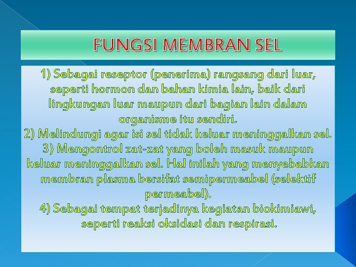 FUNGSI MEMBRAN SEL 1) Sebagai reseptor (penerima) rangsang dari luar, seperti hormon dan bahan