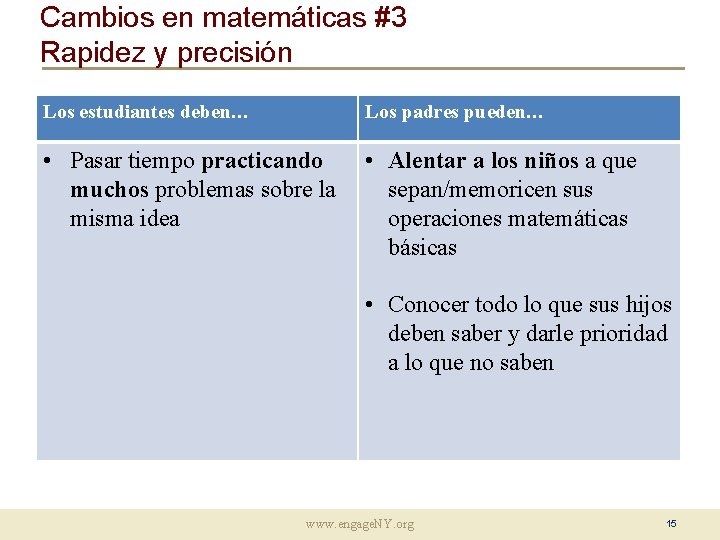 Cambios en matemáticas #3 Rapidez y precisión Los estudiantes deben… Los padres pueden… •