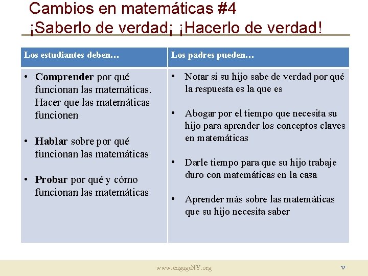 Cambios en matemáticas #4 ¡Saberlo de verdad¡ ¡Hacerlo de verdad! Los estudiantes deben… Los