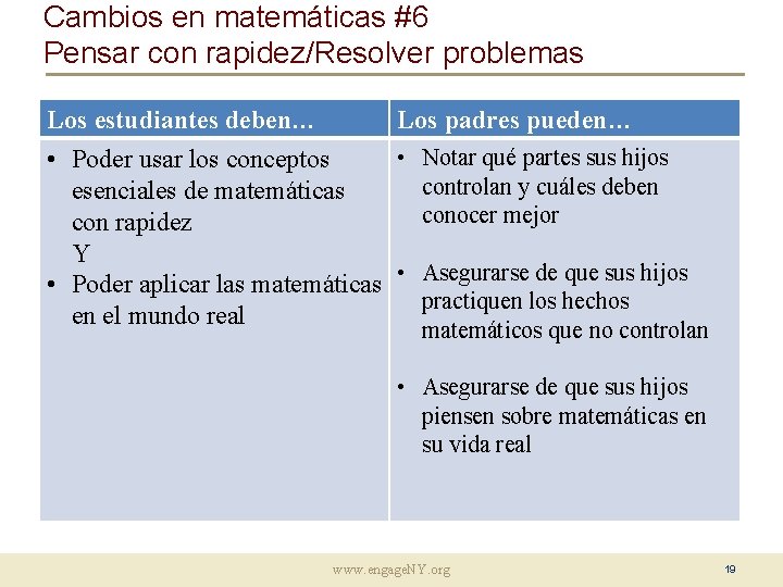 Cambios en matemáticas #6 Pensar con rapidez/Resolver problemas Los estudiantes deben… Los padres pueden…