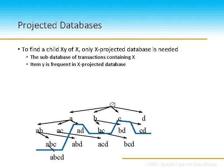 Projected Databases • To find a child Xy of X, only X-projected database is