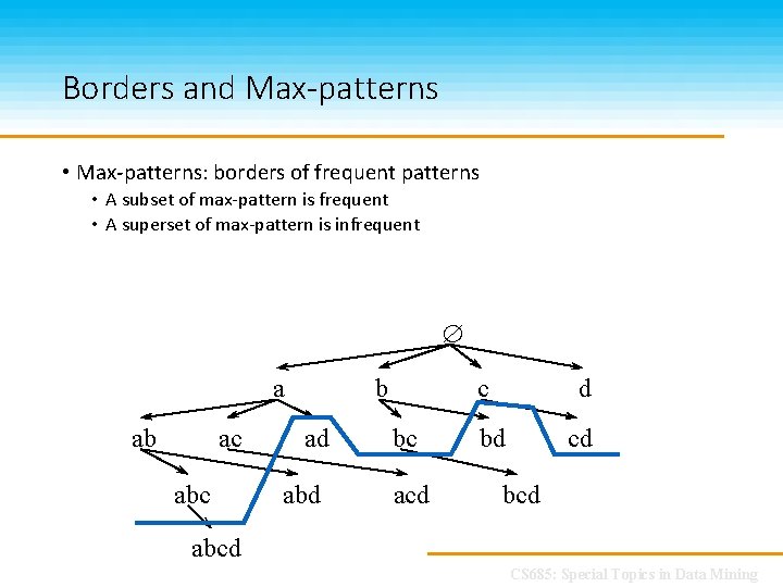 Borders and Max-patterns • Max-patterns: borders of frequent patterns • A subset of max-pattern