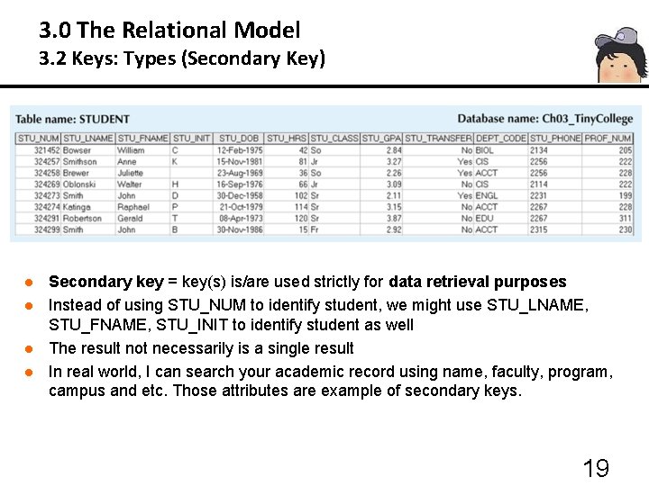 3. 0 The Relational Model 3. 2 Keys: Types (Secondary Key) l l Secondary