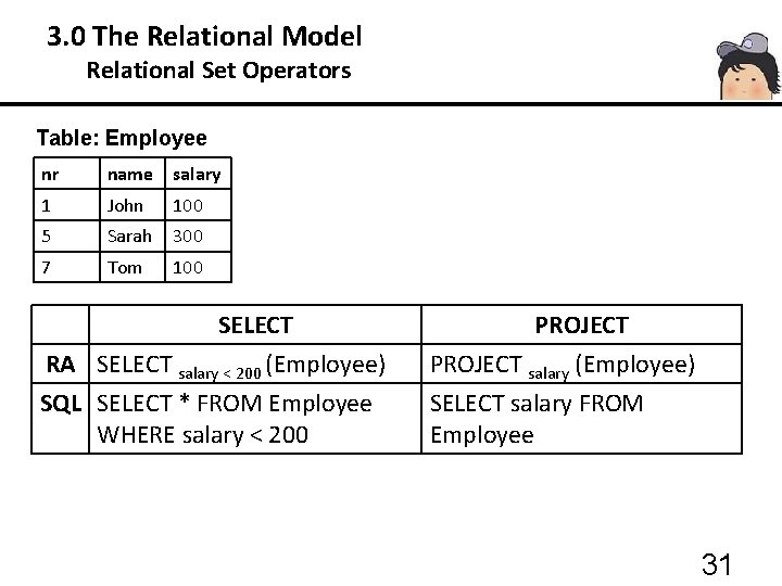 3. 0 The Relational Model 3. 3 Relational Set Operators Table: Employee nr name