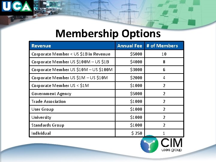 Membership Options Revenue Annual Fee # of Members Corporate Member < US $1 B