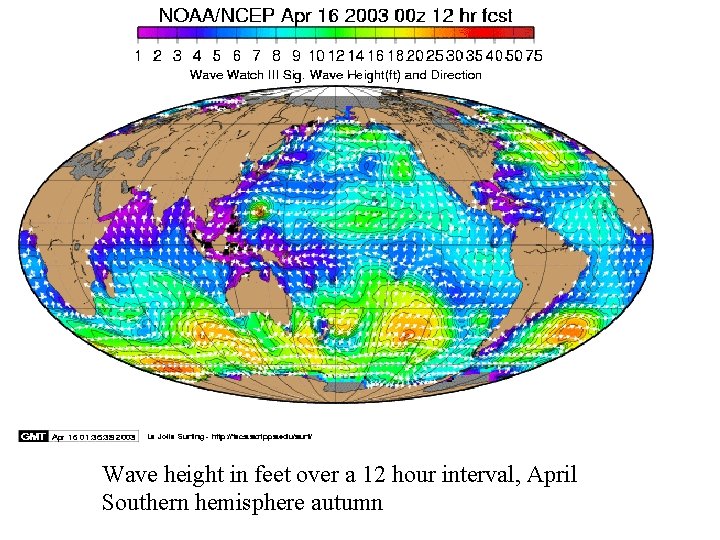 Wave height in feet over a 12 hour interval, April Southern hemisphere autumn 