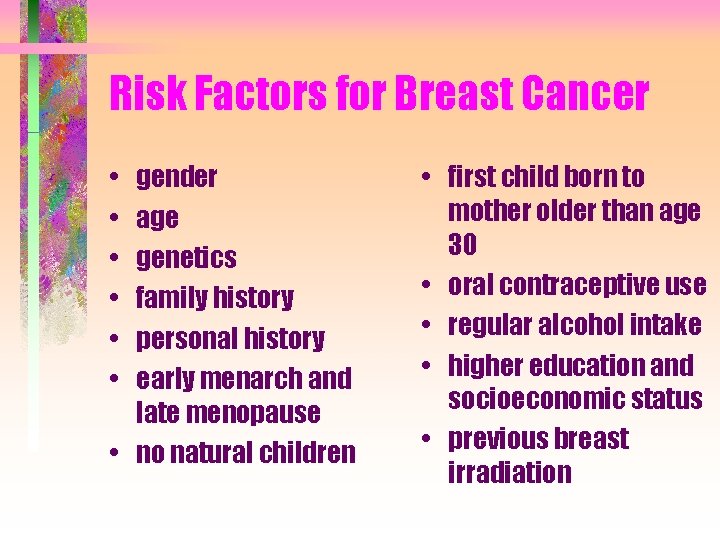 Risk Factors for Breast Cancer • • • gender age genetics family history personal