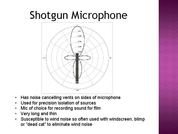 Shotgun Microphone • • • Has noise cancelling vents on sides of microphone Used
