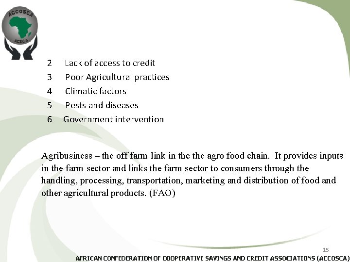 2 3 4 5 6 Lack of access to credit Poor Agricultural practices Climatic
