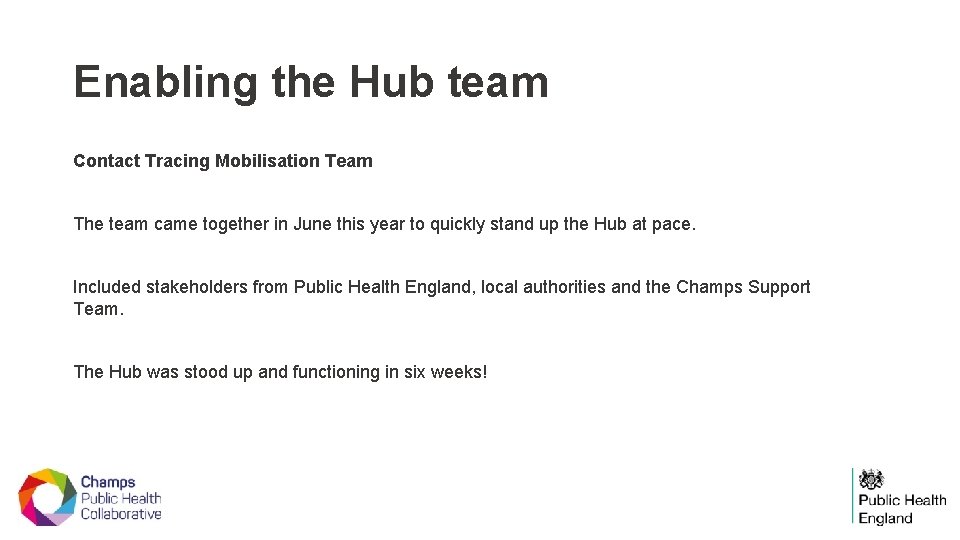 Enabling the Hub team Contact Tracing Mobilisation Team The team came together in June
