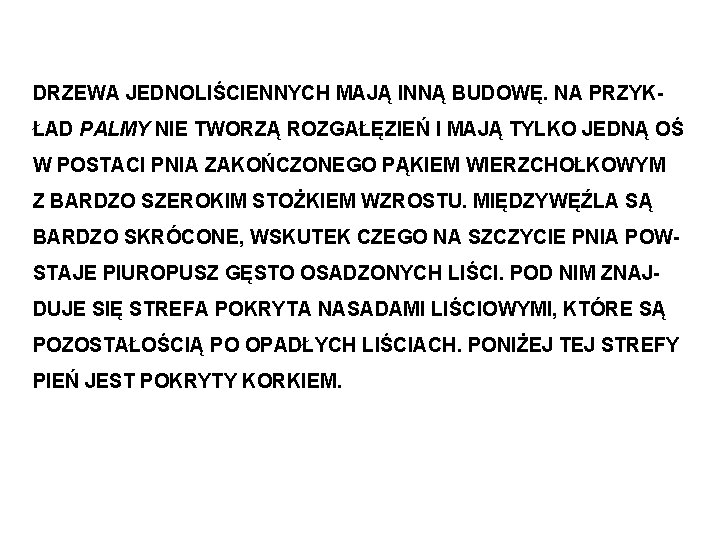 DRZEWA JEDNOLIŚCIENNYCH MAJĄ INNĄ BUDOWĘ. NA PRZYKŁAD PALMY NIE TWORZĄ ROZGAŁĘZIEŃ I MAJĄ TYLKO