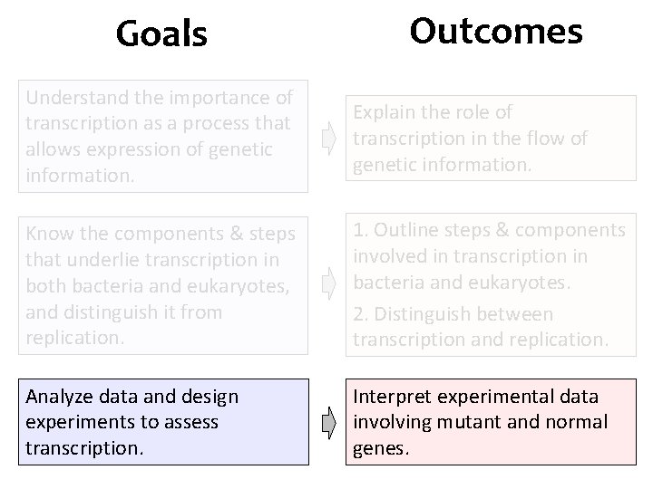 Goals Outcomes Understand the importance of transcription as a process that allows expression of