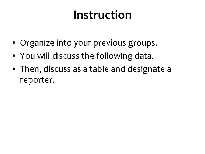 Instruction • Organize into your previous groups. • You will discuss the following data.