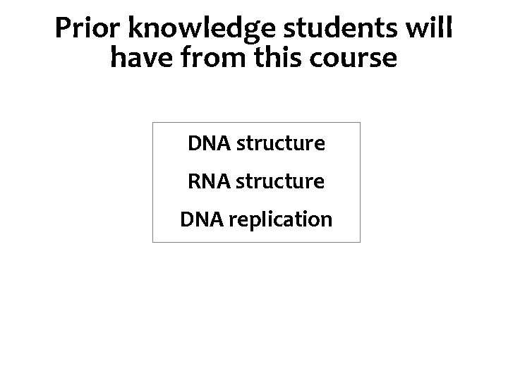 Prior knowledge students will have from this course DNA structure RNA structure DNA replication