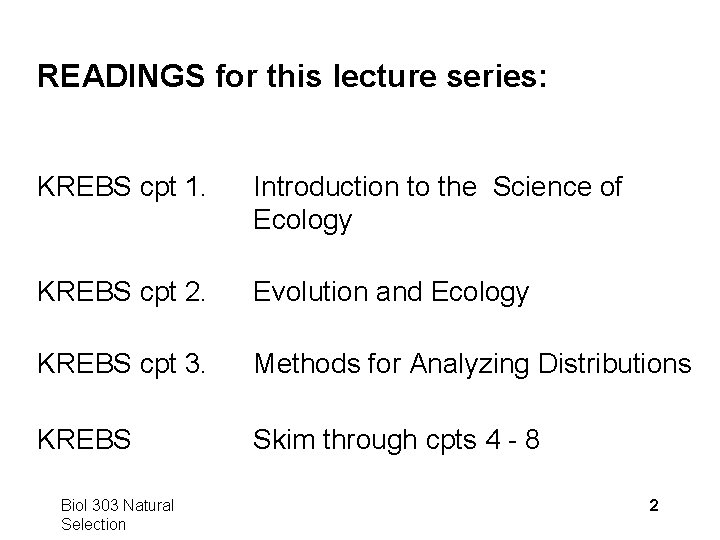 READINGS for this lecture series: KREBS cpt 1. Introduction to the Science of Ecology