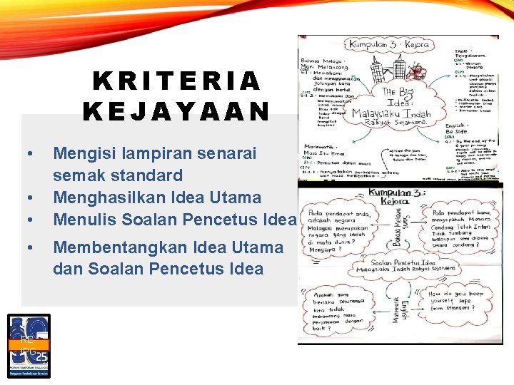 KRITERIA KEJAYAAN • • REIPG Mengisi lampiran senarai semak standard Menghasilkan Idea Utama Menulis