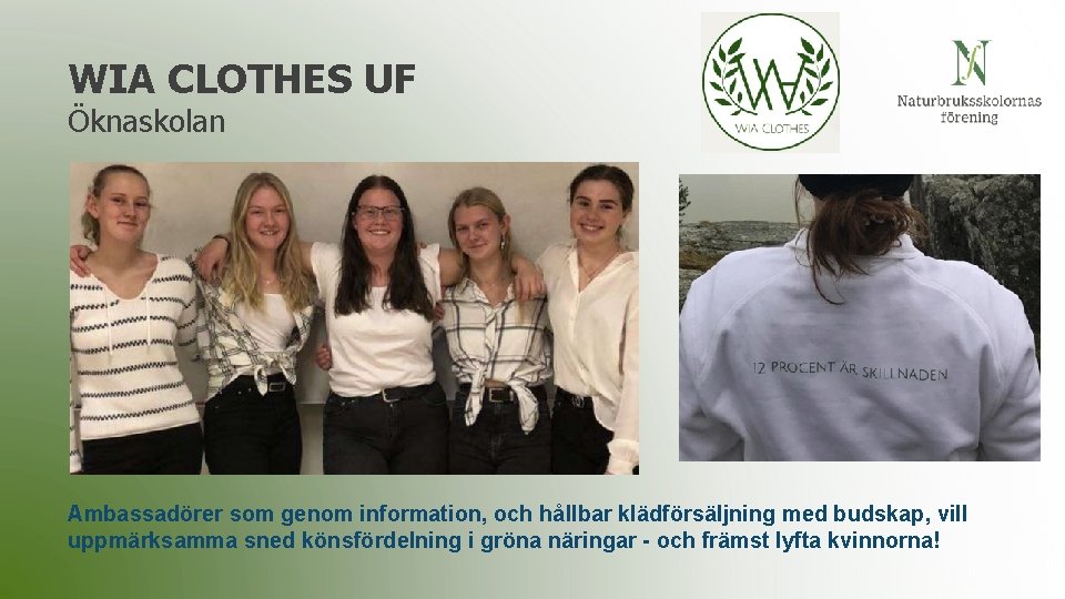 WIA CLOTHES UF Öknaskolan Ambassadörer som genom information, och hållbar klädförsäljning med budskap, vill