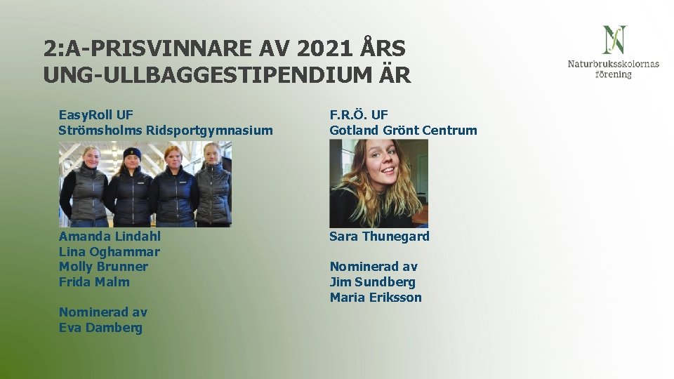 2: A-PRISVINNARE AV 2021 ÅRS UNG-ULLBAGGESTIPENDIUM ÄR Easy. Roll UF Strömsholms Ridsportgymnasium F. R.