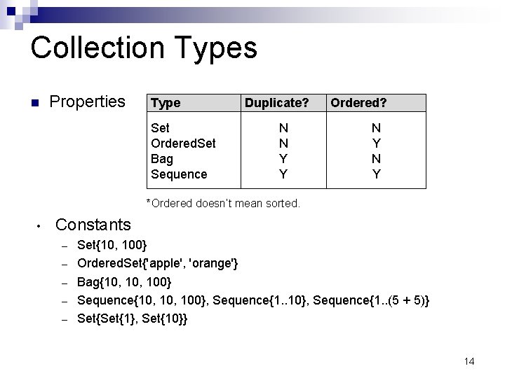 Collection Types Properties Type Set Ordered. Set Bag Sequence Duplicate? N N Y Y