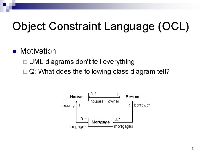 Object Constraint Language (OCL) Motivation UML diagrams don’t tell everything Q: What does the Object Constraint Language (OCL) Motivation UML diagrams don’t tell everything Q: What does the