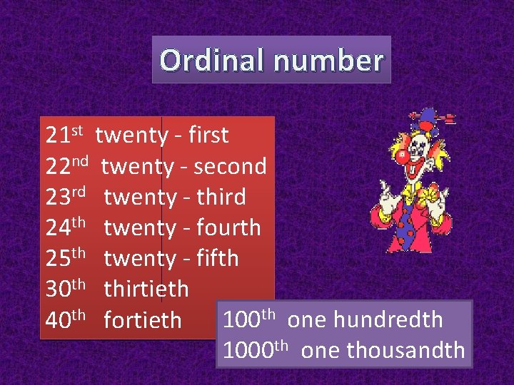 Ordinal number 21 st twenty - first 22 nd twenty - second 23 rd