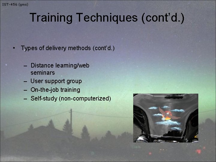 Training Techniques (cont’d. ) • Types of delivery methods (cont’d. ) – Distance learning/web