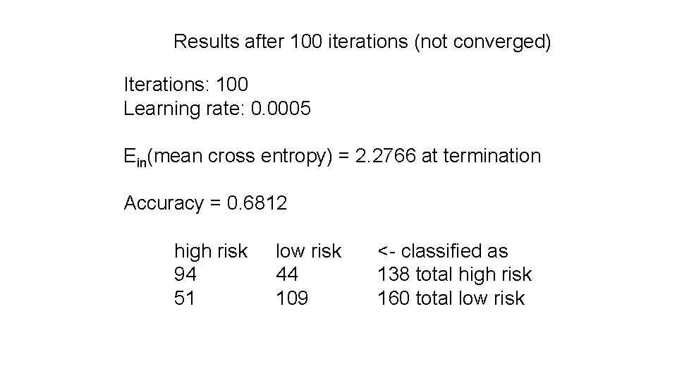 Results after 100 iterations (not converged) Iterations: 100 Learning rate: 0. 0005 Ein(mean cross Results after 100 iterations (not converged) Iterations: 100 Learning rate: 0. 0005 Ein(mean cross
