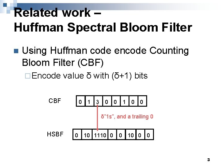 Related work – Huffman Spectral Bloom Filter n Using Huffman code encode Counting Bloom