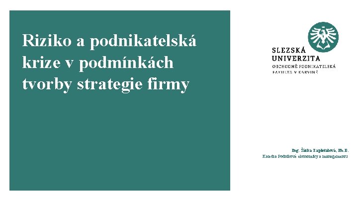 Riziko a podnikatelská krize v podmínkách tvorby strategie firmy Ing. Šárka Zapletalová, Ph. D.
