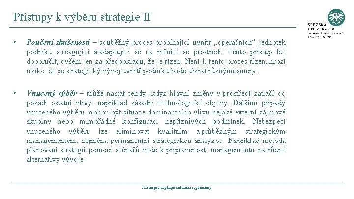 Přístupy k výběru strategie II • Poučení zkušeností – souběžný proces probíhající uvnitř „operačních“