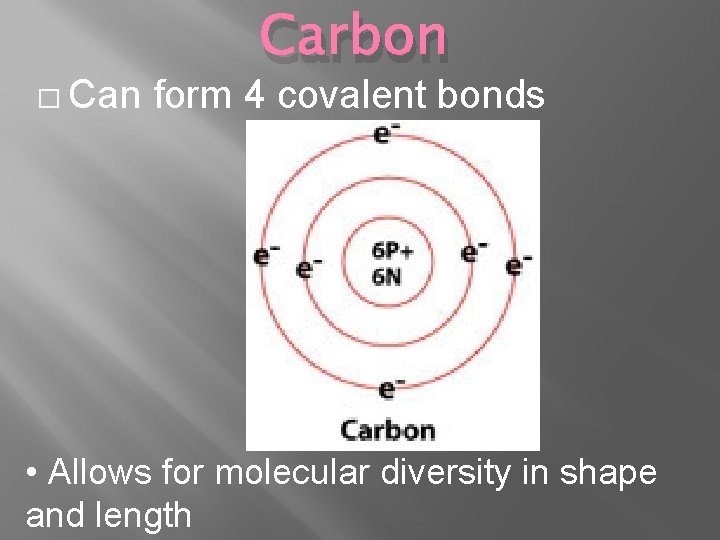 � Can Carbon form 4 covalent bonds • Allows for molecular diversity in shape