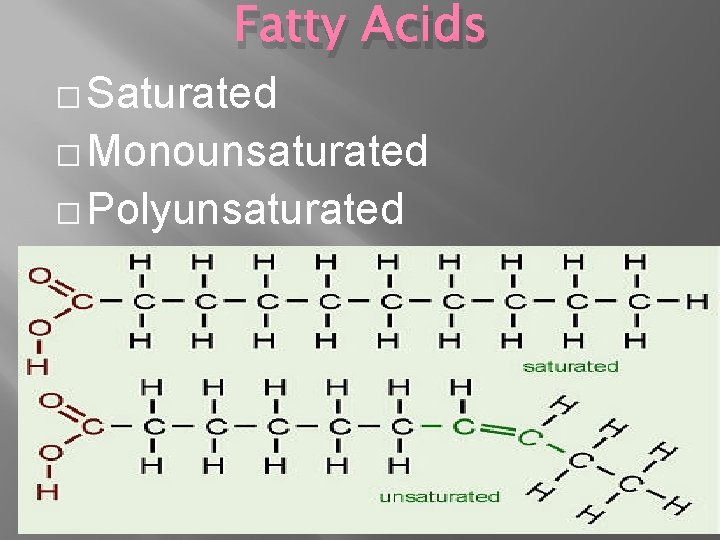 Fatty Acids � Saturated � Monounsaturated � Polyunsaturated 