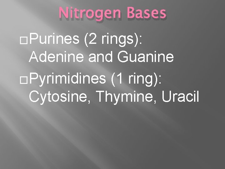 Nitrogen Bases �Purines (2 rings): Adenine and Guanine �Pyrimidines (1 ring): Cytosine, Thymine, Uracil
