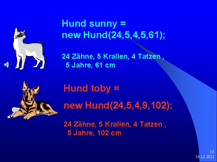 Hund sunny = new Hund(24, 5, 61); 24 Zähne, 5 Krallen, 4 Tatzen ,