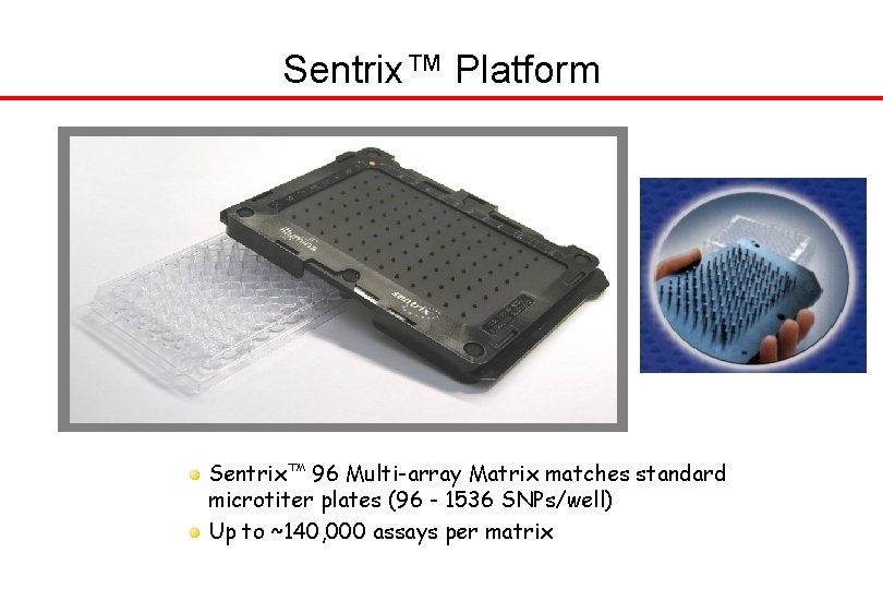 Sentrix™ Platform Sentrix™ 96 Multi-array Matrix matches standard microtiter plates (96 - 1536 SNPs/well)