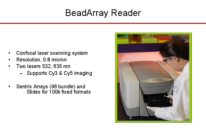 Bead. Array Reader • • • Confocal laser scanning system Resolution, 0. 8 micron