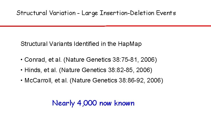Structural Variation - Large Insertion-Deletion Events Structural Variants Identified in the Hap. Map •