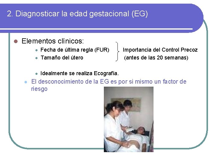 2. Diagnosticar la edad gestacional (EG) l Elementos clínicos: l Fecha de última regla