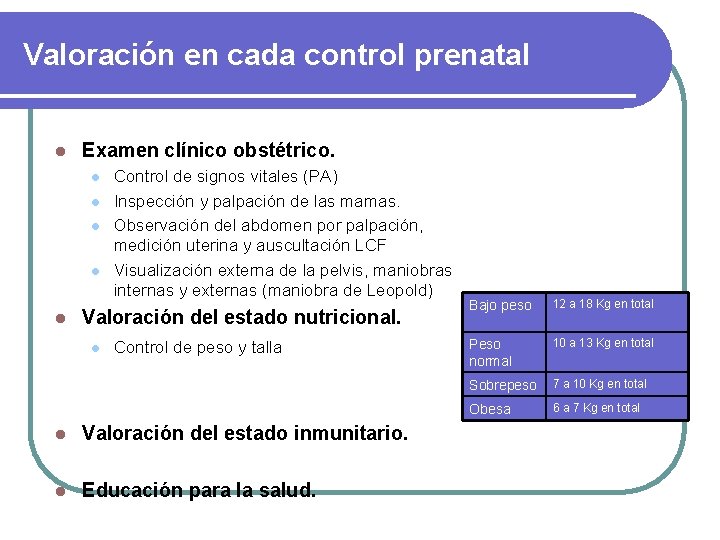 Valoración en cada control prenatal l Examen clínico obstétrico. l l l Control de