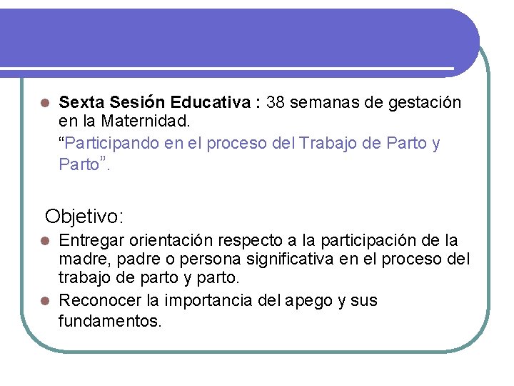 l Sexta Sesión Educativa : 38 semanas de gestación en la Maternidad. “Participando en