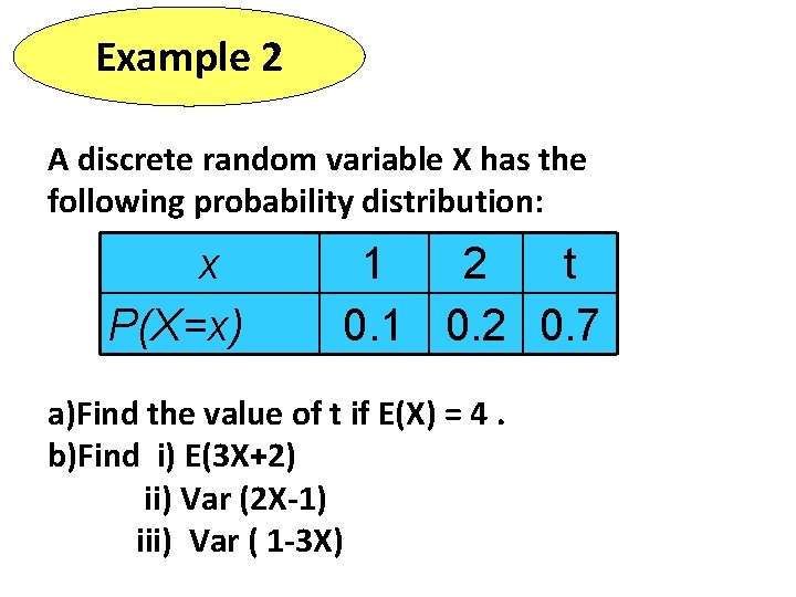 Example 2 A discrete random variable X has the following probability distribution: x P(X=x)