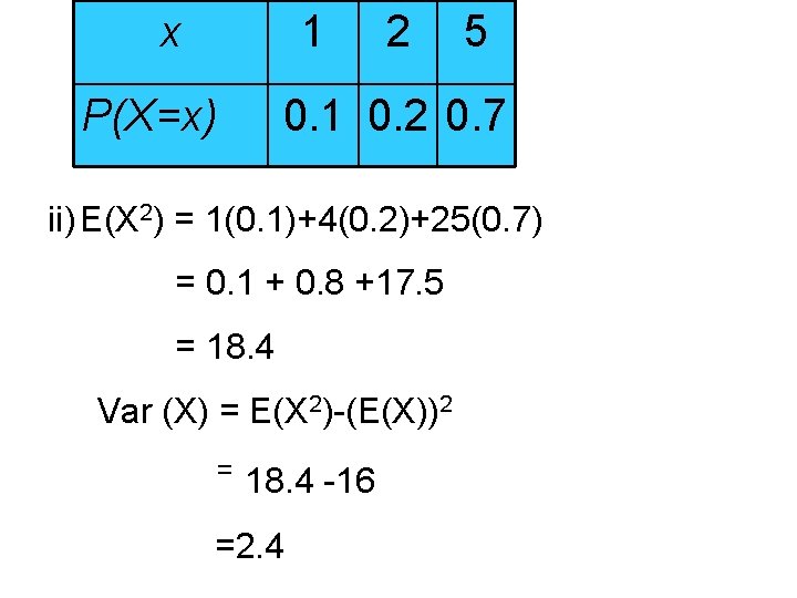 x 1 P(X=x) 2 5 0. 1 0. 2 0. 7 ii) E(X 2)