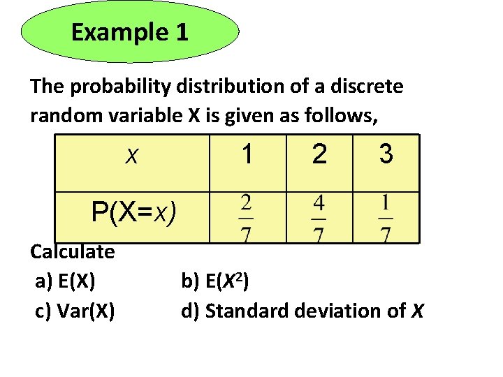 Example 1 The probability distribution of a discrete random variable X is given as